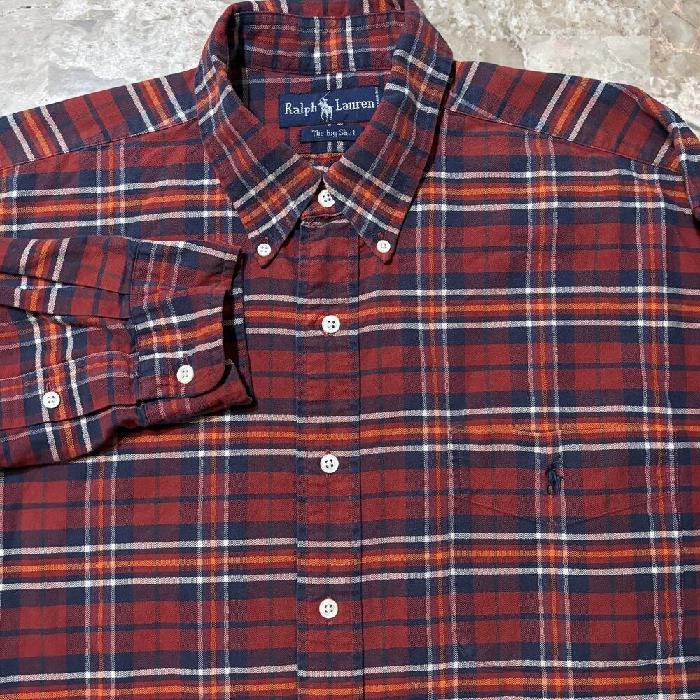Polo Ralph Lauren Shirt Mens Large Red Plaid Big Shirt Long Sleeve Oxford 90s